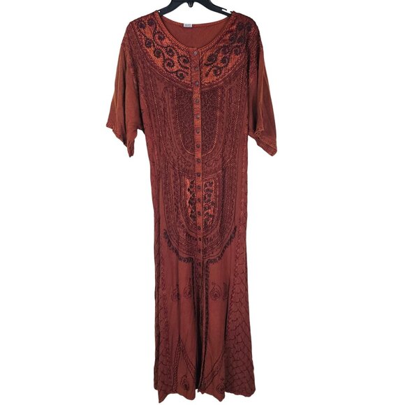 Bohemian Embroidered Maxi Dress OS Rust Button Front Tie Back Flowy Viscose - Picture 1 of 10
